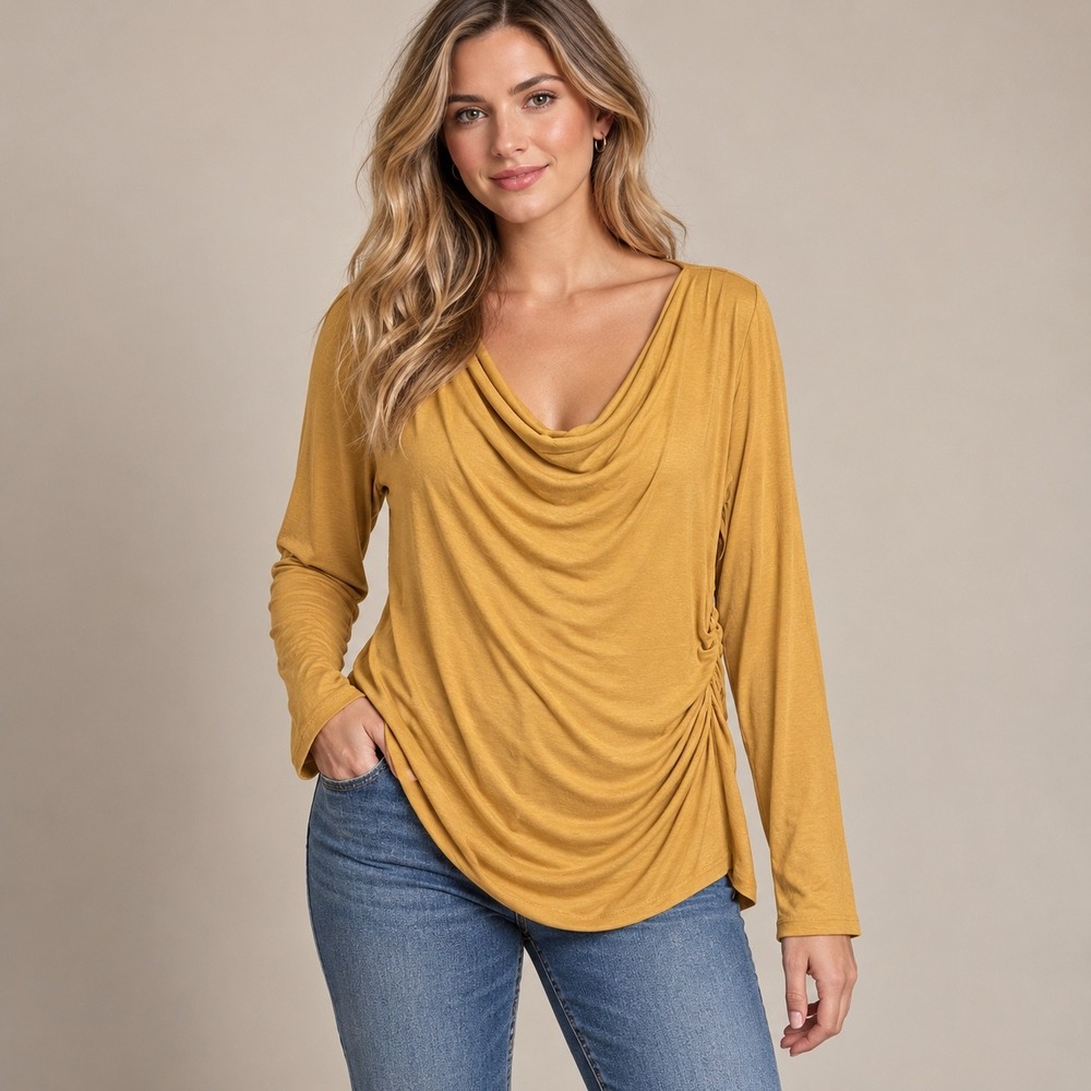 Vince Top Womens 1X Yellow Excellent Cowl Neck Ruched Long Sleeve VI857784000